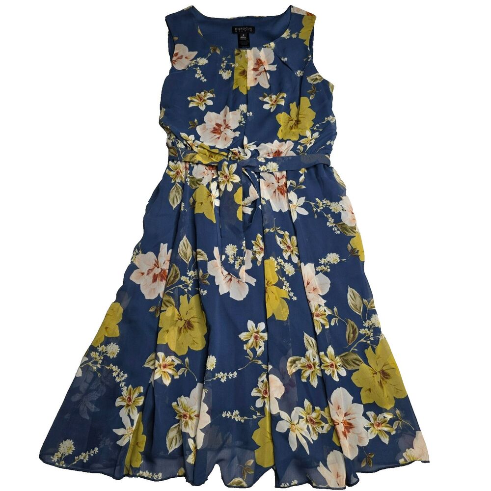Enfocus Studio Womens 6 Blue Floral A‑Line Dress Sleeveless Belted Summer - Picture 3 of 16
